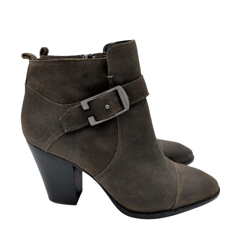 Donald Pliner Sage Suede Buckle Ankle Boots Women's 9.5M Olive Brown Block‎ Heel
